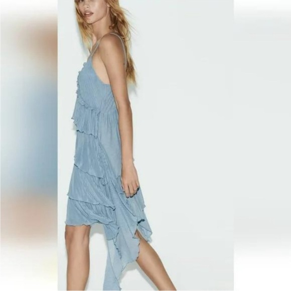 ZARA Ruffle Dress Light Blue Medium - Picture 3 of 10